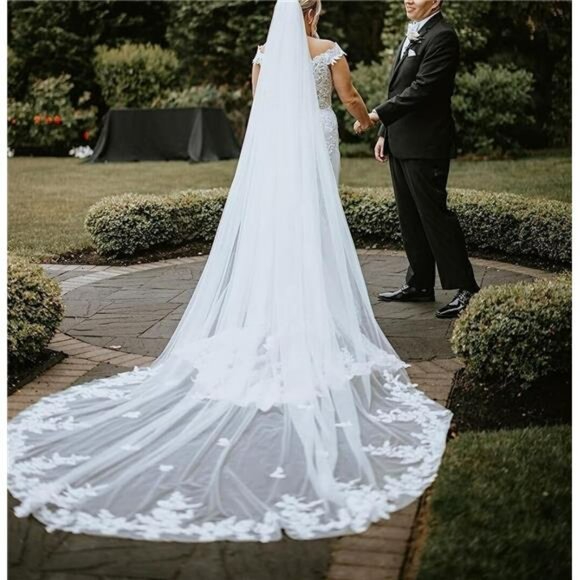Ivory Cathedral Wedding Bridal Veils Long with Floral Embroidered Edge 1 Tier main image 5